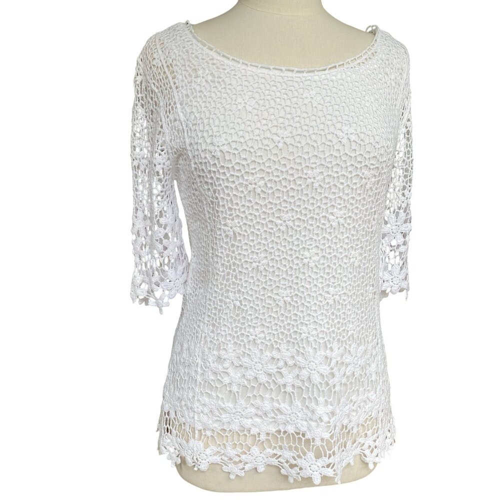 Keren Hart Floral Crochet Top Sz S White Y2K Beachy Cottagecore Boho Fairycore